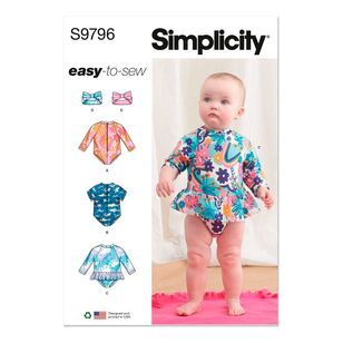 Simplicity S9796 Babies' Swimsuits with Rash Guard and Headband in One Size Pattern White XS - L