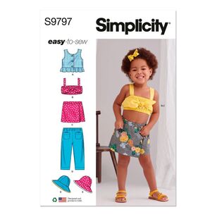 Simplicity S9797 Toddlers' Tops, Skort, Pants and Hat in Three Sizes Pattern White 6 months - 1 year