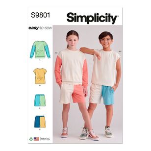 Simplicity S9801 Girls' and Boys' Sweatshirts and Shorts Pattern White 7 - 14