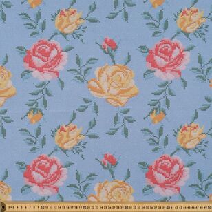 Dorothea Stitch Rose 150 cm Printed Decorator Fabric Blue 150 cm