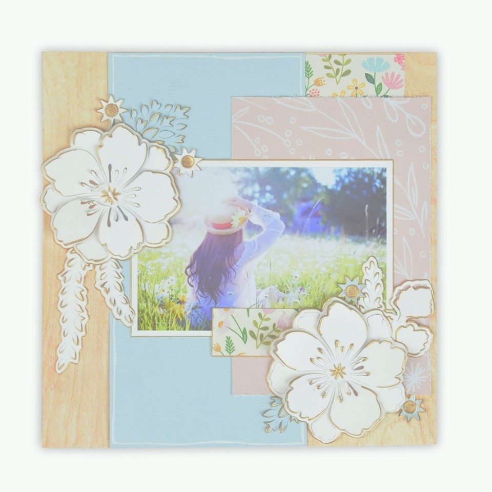 Pastel beach boho themed scrapbook cover with die-cut floral details