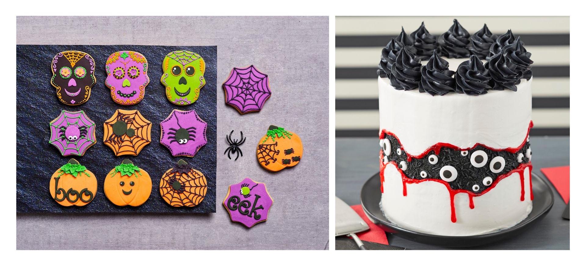 Add a sweet twist to your Halloween with decorated sugar cookies and tier cakes