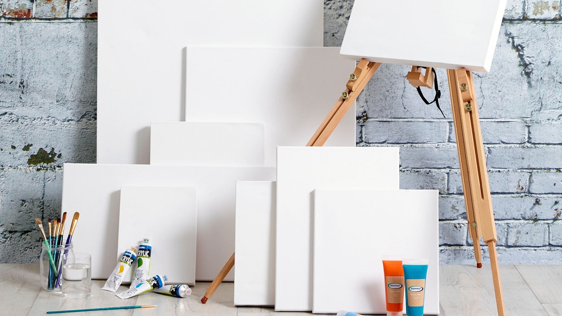 Blank white canvases in assorted sizes